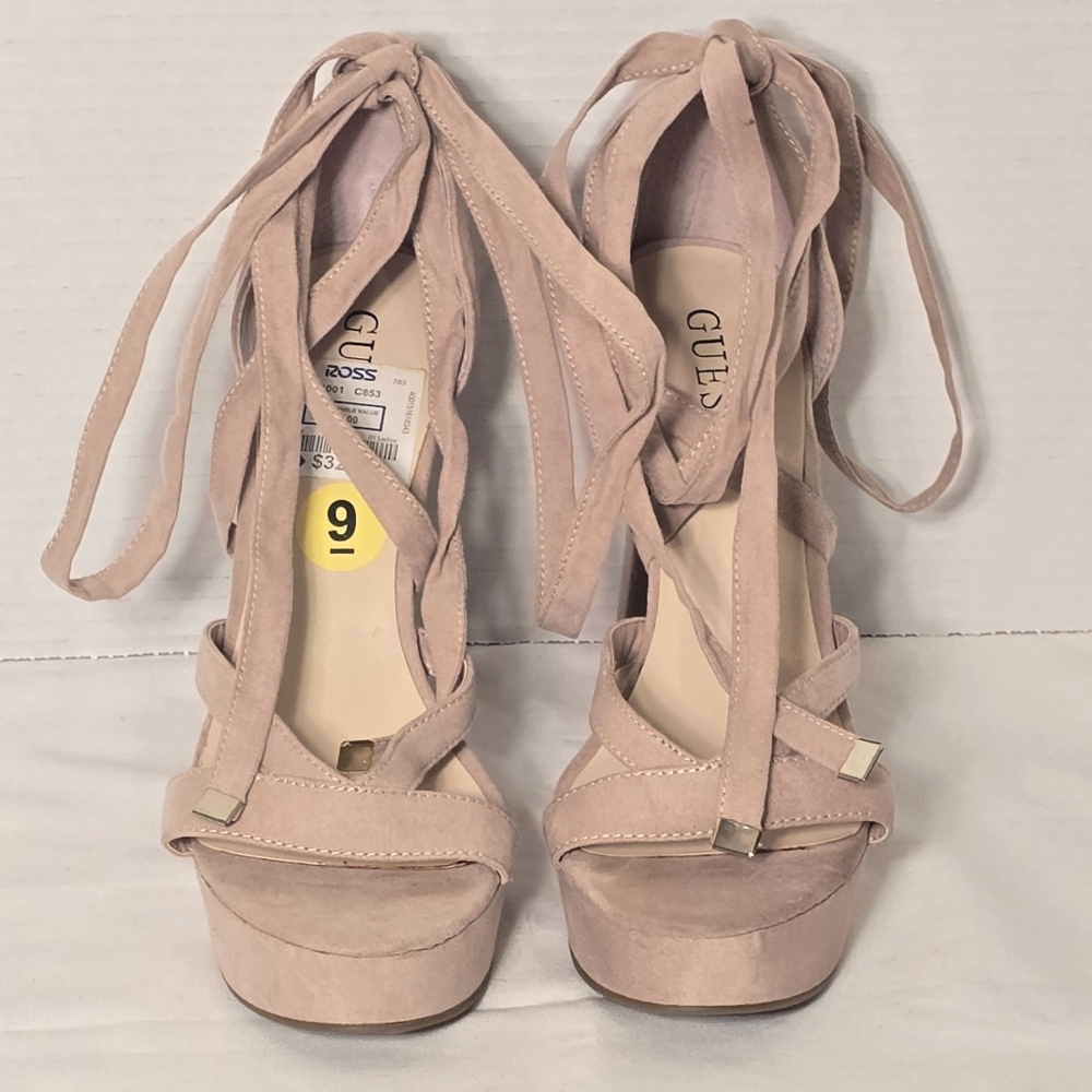 New Guess Pink Ankle Wrap Heels with Strappy Design